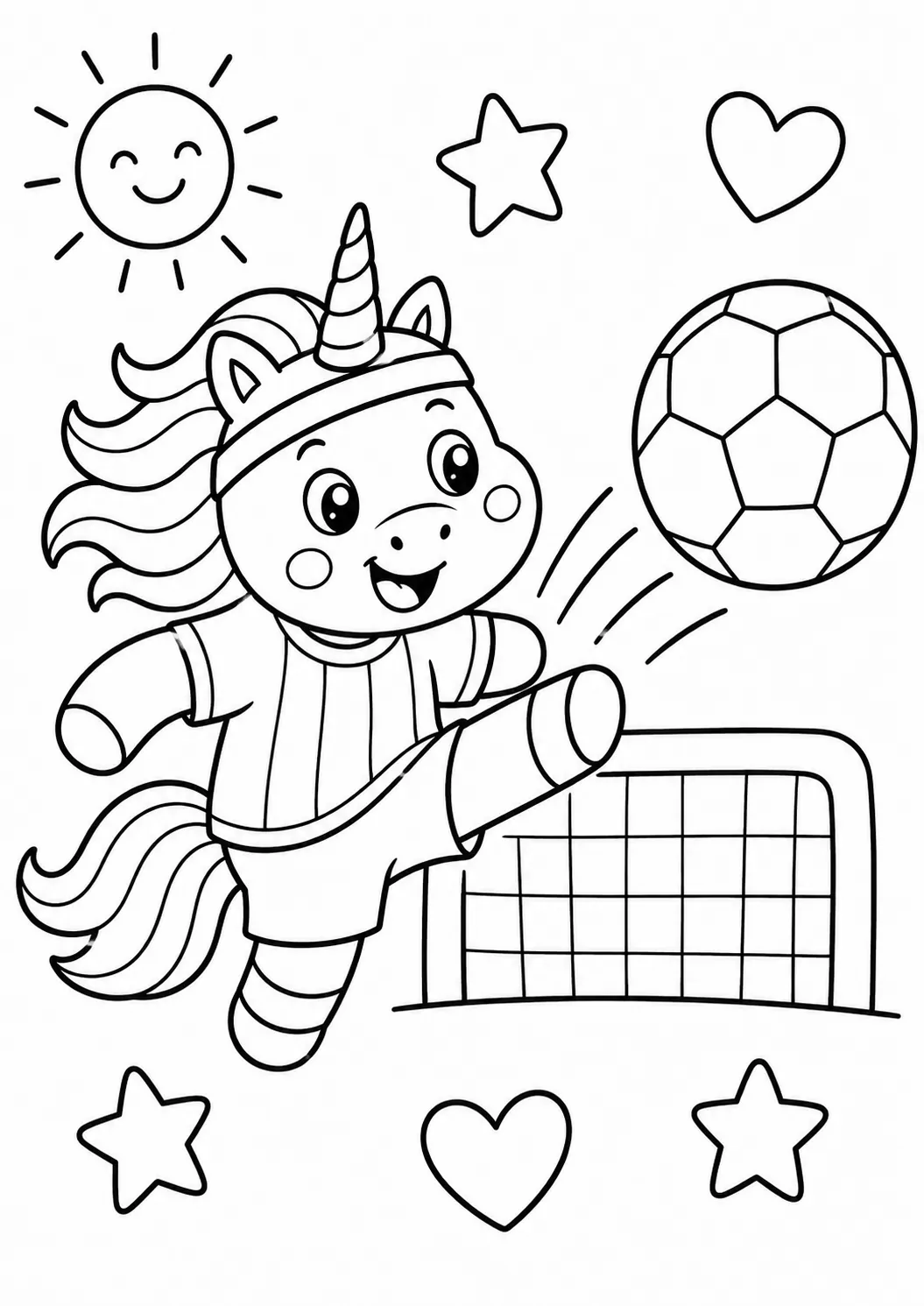 Rundes Einhorn tritt einen Regenbogen-Fußball im gestreiften Trikot