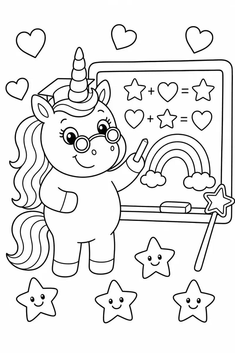 Rundes Einhorn als Lehrerin mit Brille vor einer Zaubertafel