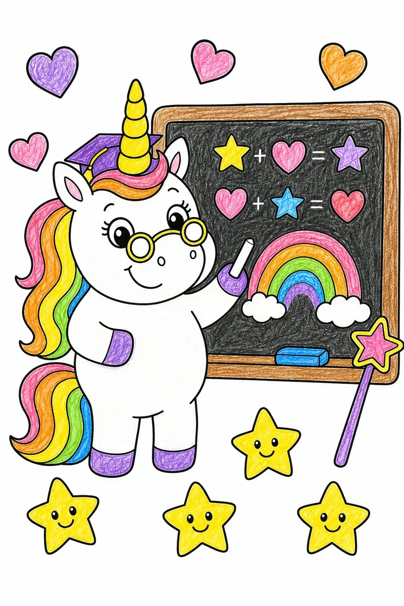 Das Einhorn als Lehrerin an der Zaubertafel