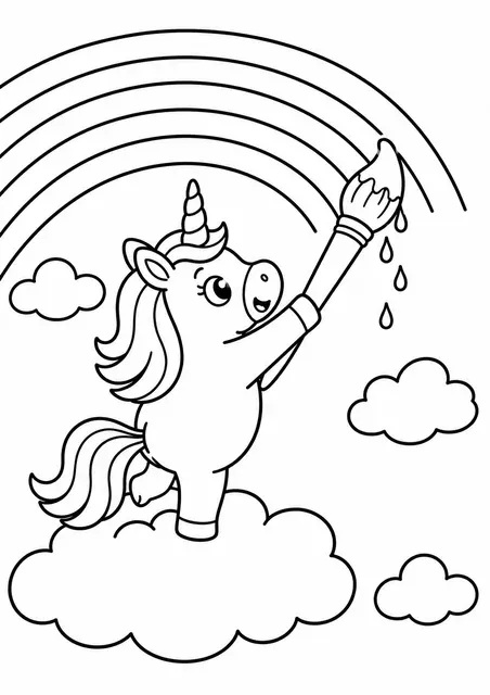 Das Einhorn malt den Regenbogen in den Himmel
