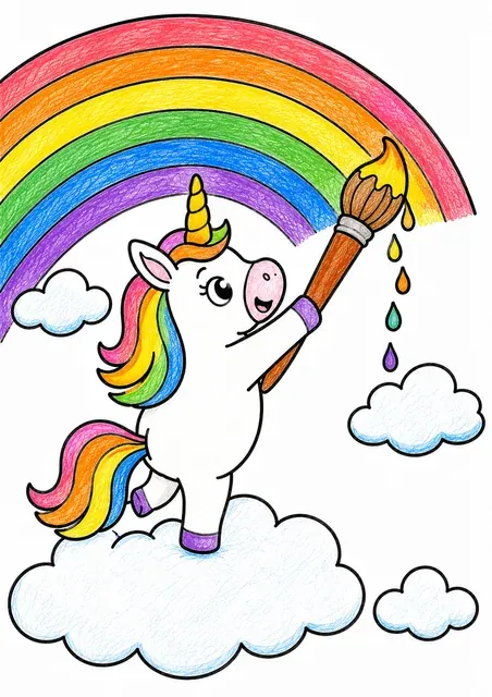 Rundes Einhorn steht auf einer Wolke und malt einen Regenbogen in den Himmel