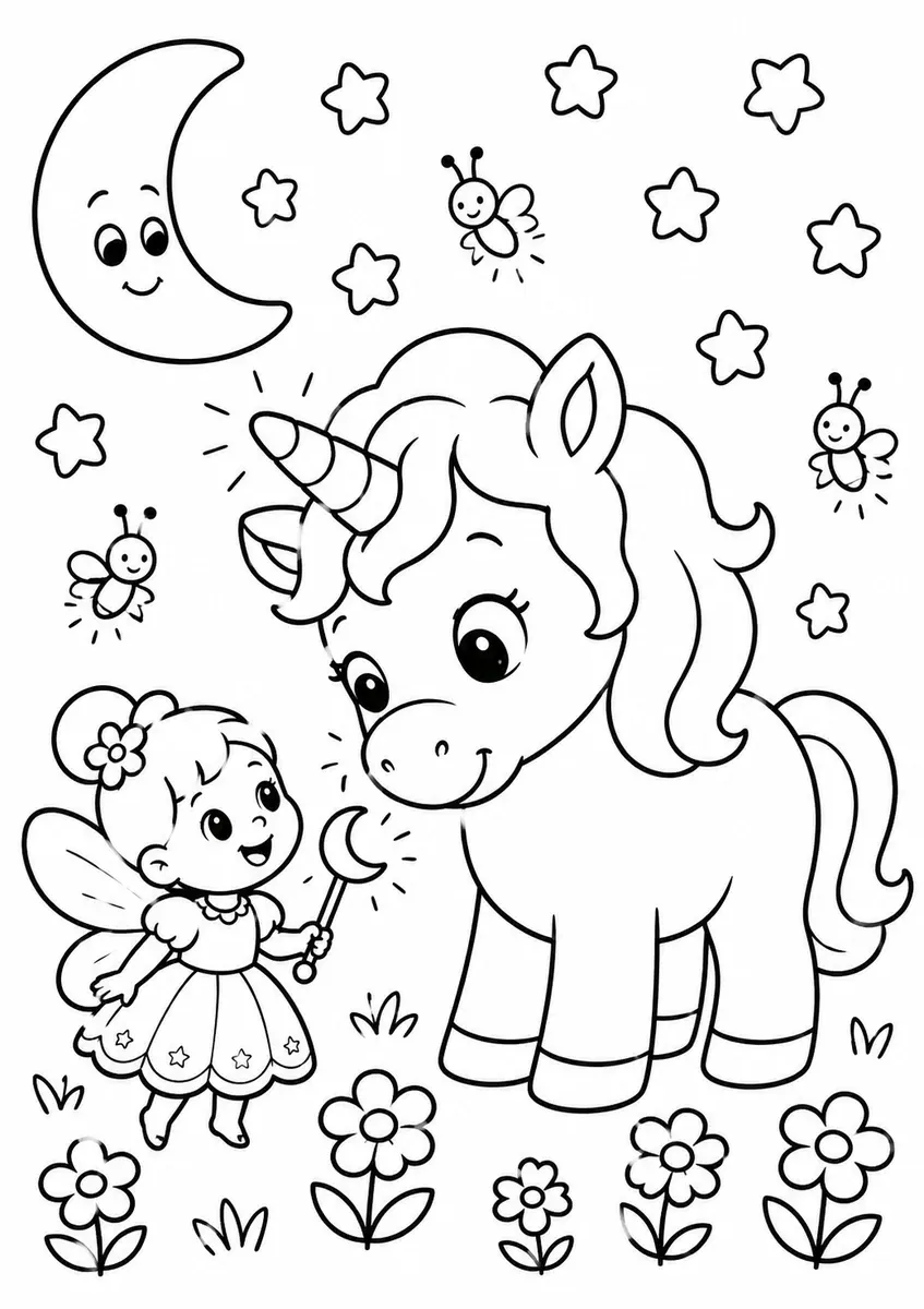 Rundes Einhorn und kleine Mond-Fee lächeln sich an
