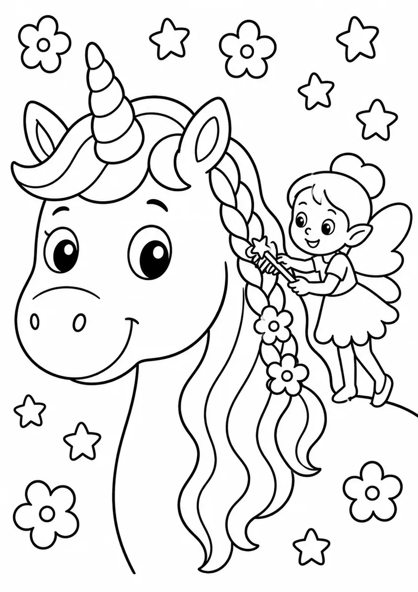 Einhorn-Kopf während eine kleine Fee die Regenbogenmähne flicht