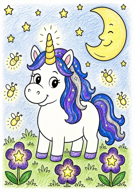 Rundes Einhorn bei Nacht mit leuchtendem Horn und großem Halbmond