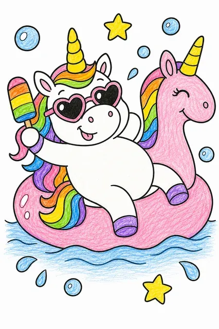 Echtes Einhorn liegt auf einer aufblasbaren Einhorn-Poolmatratze mit Sonnenbrille
