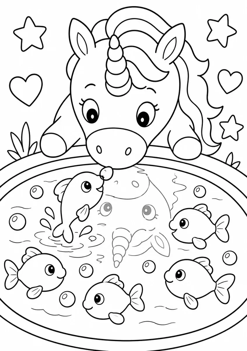 Einhorn schaut in einen Teich mit fünf bunten Regenbogenfischen