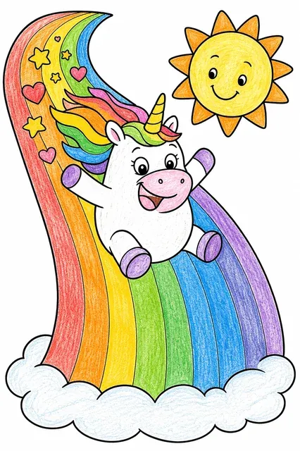 Rundes Einhorn saust eine siebenfarbige Regenbogen-Rutsche hinunter