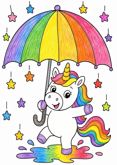 Rundes Einhorn tanzt mit einem Regenbogenschirm im Sternregen