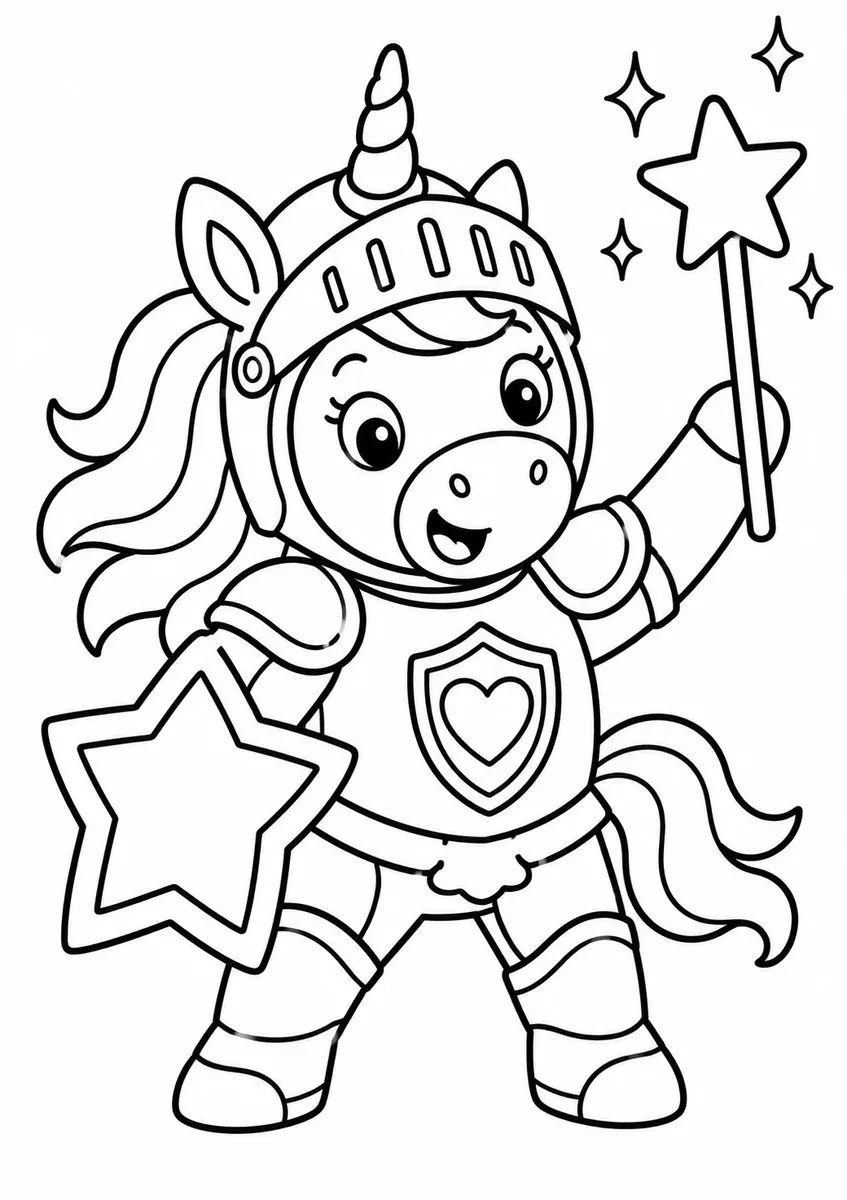 Rundes Einhorn in Ritter-Rüstung mit Horn das aus dem Helm ragt