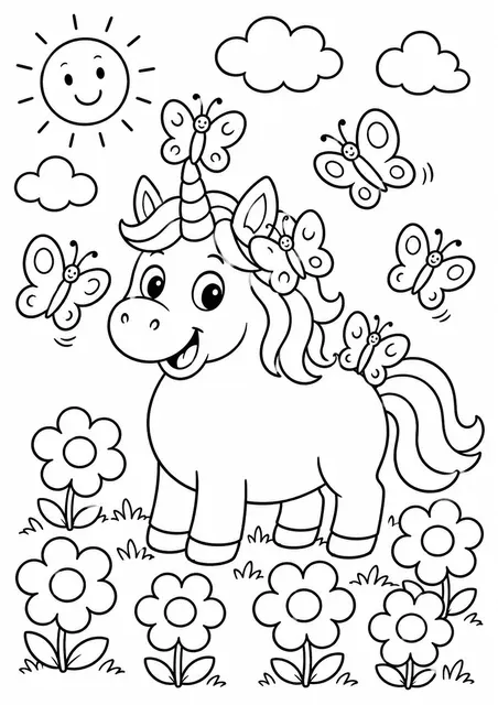 Das Einhorn mit seinen Schmetterlings-Freunden