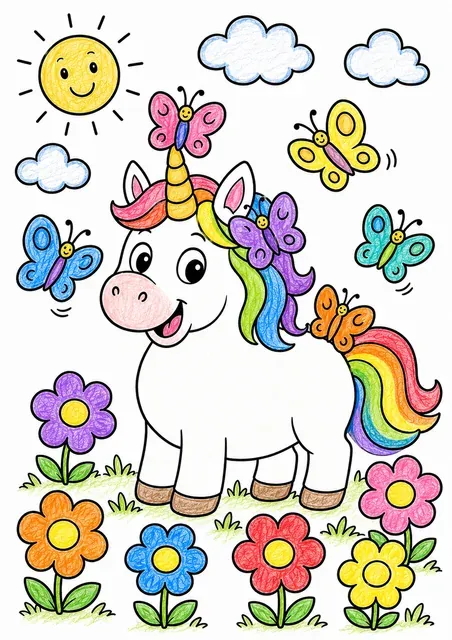Rundes Einhorn mit sechs bunten Schmetterlingen auf einer Blumenwiese