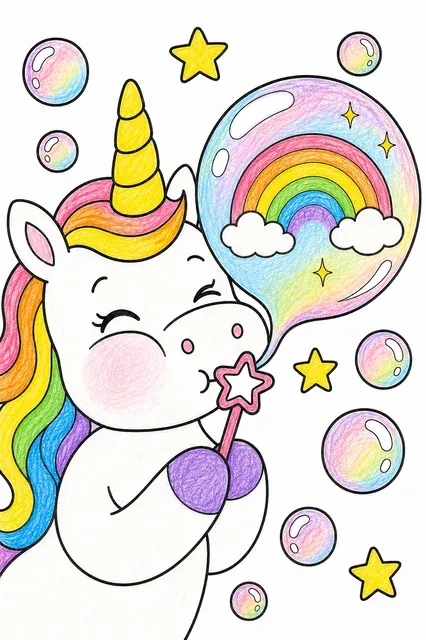 Rundes Einhorn bläst eine riesige schimmernde Seifenblase durch einen Sternstab