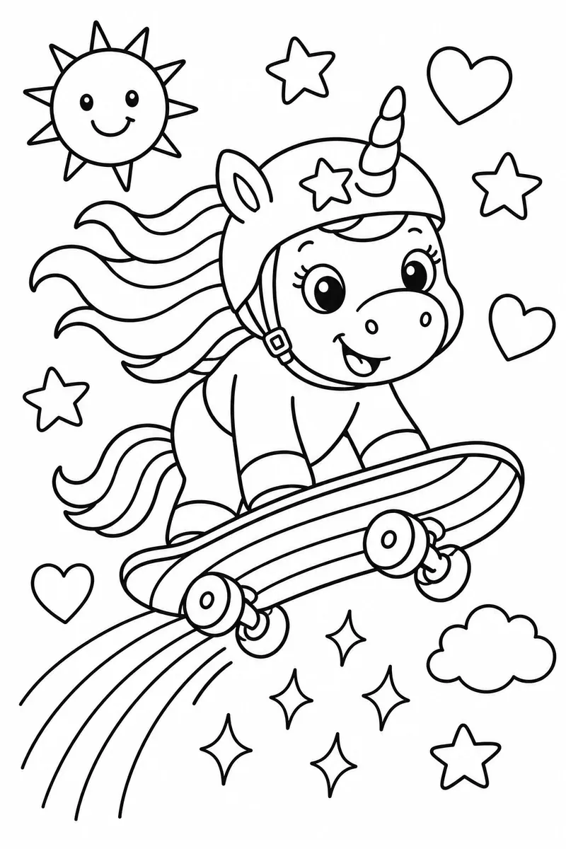 Rundes Einhorn springt auf einem bunten Regenbogen-Skateboard