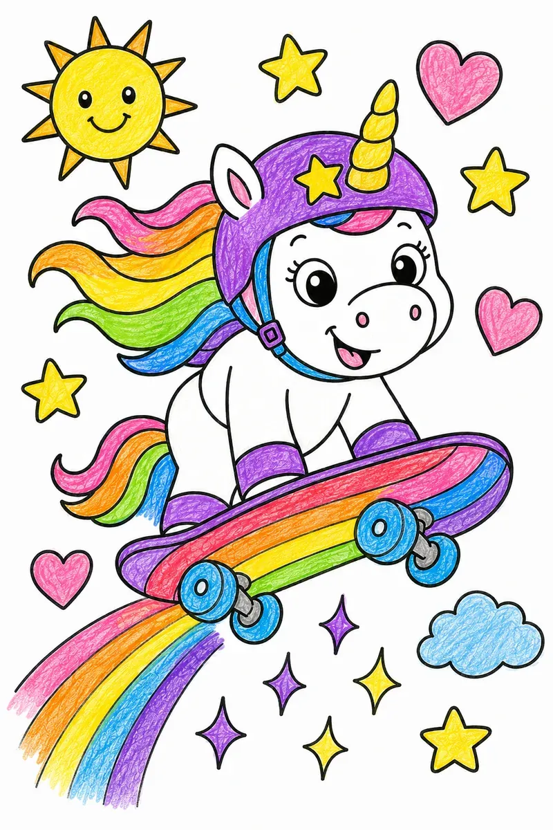 Das Einhorn auf dem Regenbogen-Skateboard