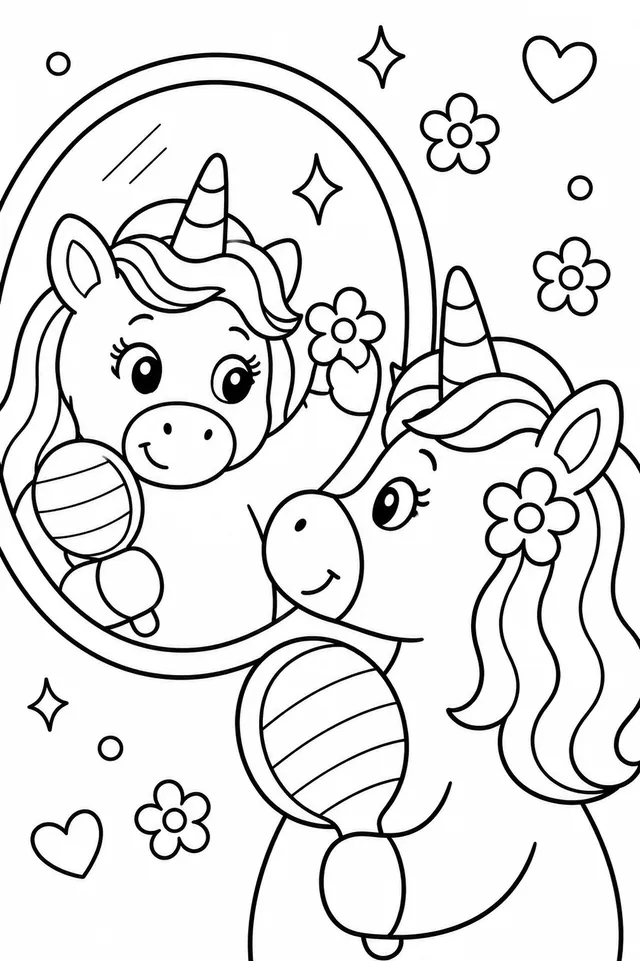 Das Einhorn frisiert sich im Spiegel