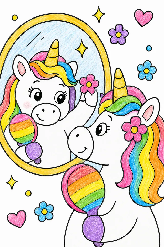 Einhorn frisiert seine Regenbogenmähne im Spiegel mit einer Haarbürste