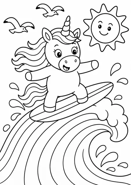 Das Einhorn surft die Regenbogenwelle