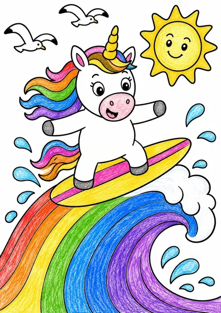 Das Einhorn surft die Regenbogenwelle – So könnte es aussehen