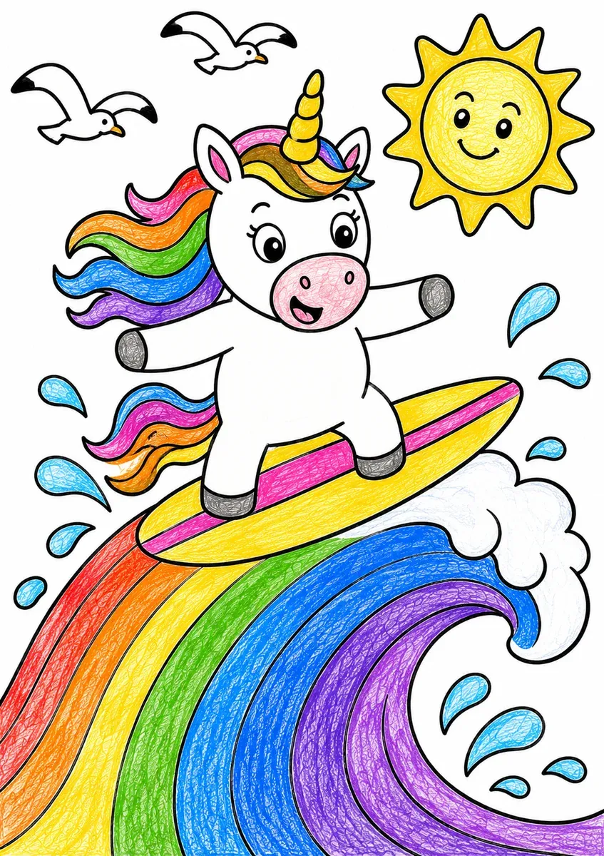 Das Einhorn surft die Regenbogenwelle