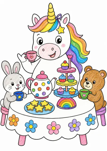 Rundes Einhorn feiert Tee-Party mit einem Hasen und einem Bären