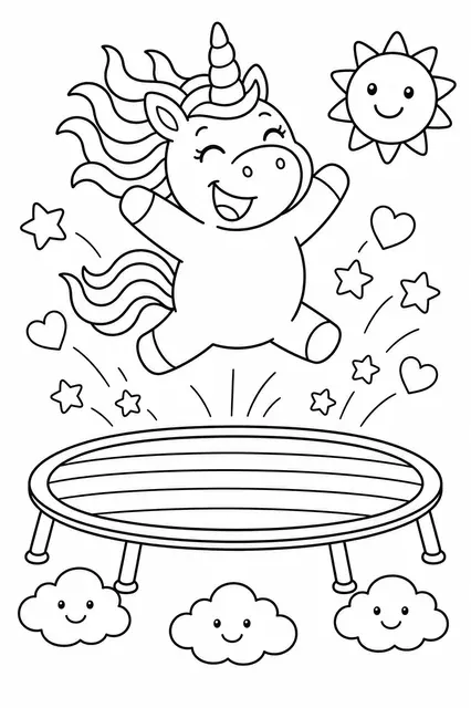 Das Einhorn auf dem Regenbogen-Trampolin