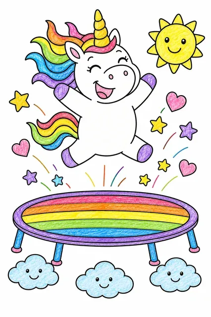 Rundes Einhorn hüpft hoch auf einem Regenbogen-Trampolin