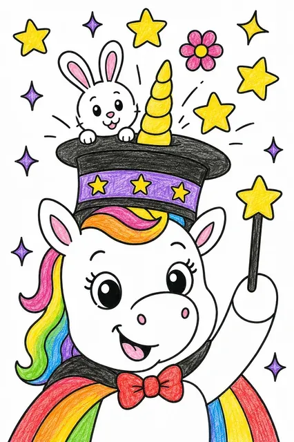 Einhorn als Zauberer mit Zylinderhut und Zauberstab