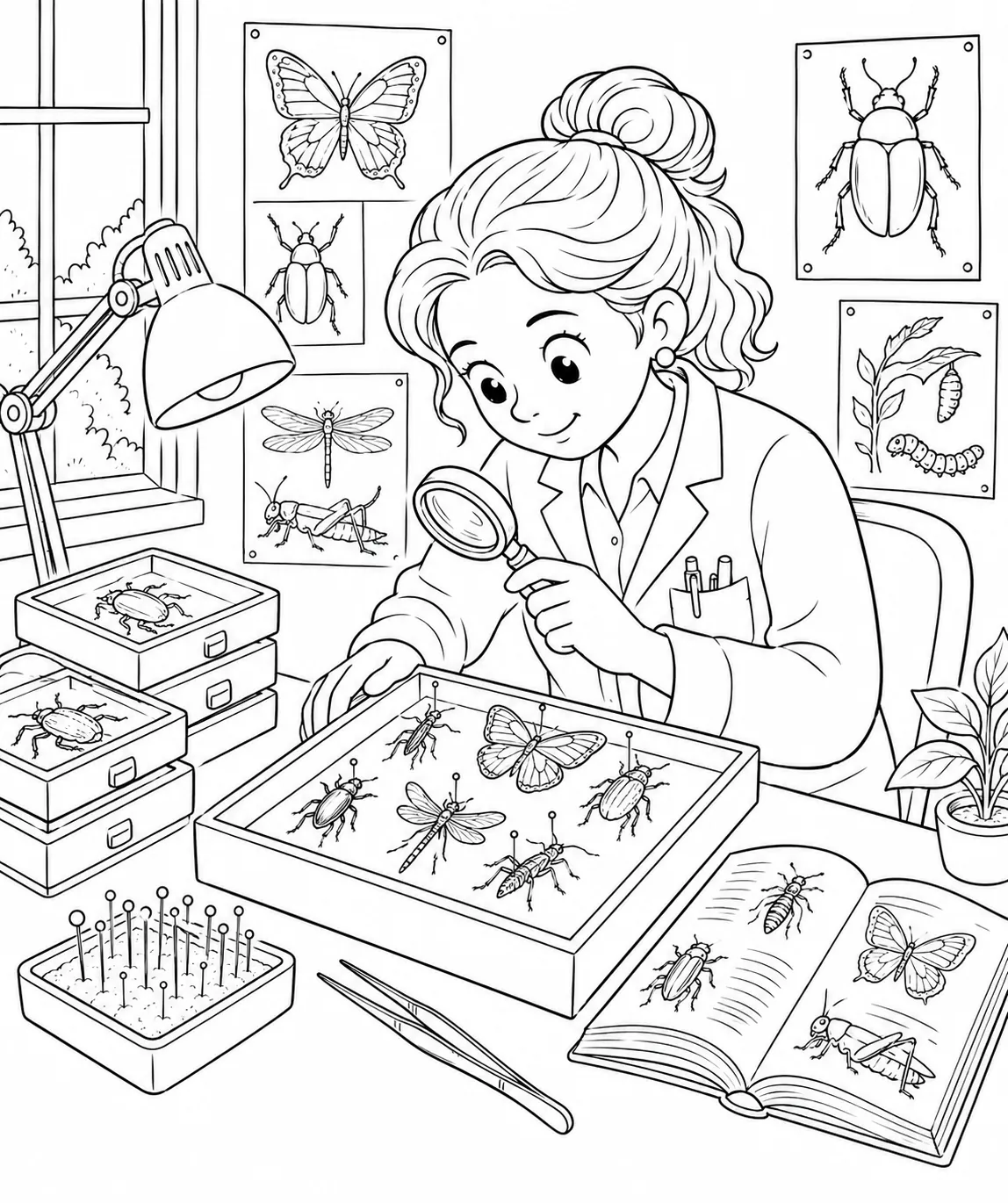 涂色页：女昆虫学家用放大镜和鉴定图鉴检查展示盒中的昆虫收藏