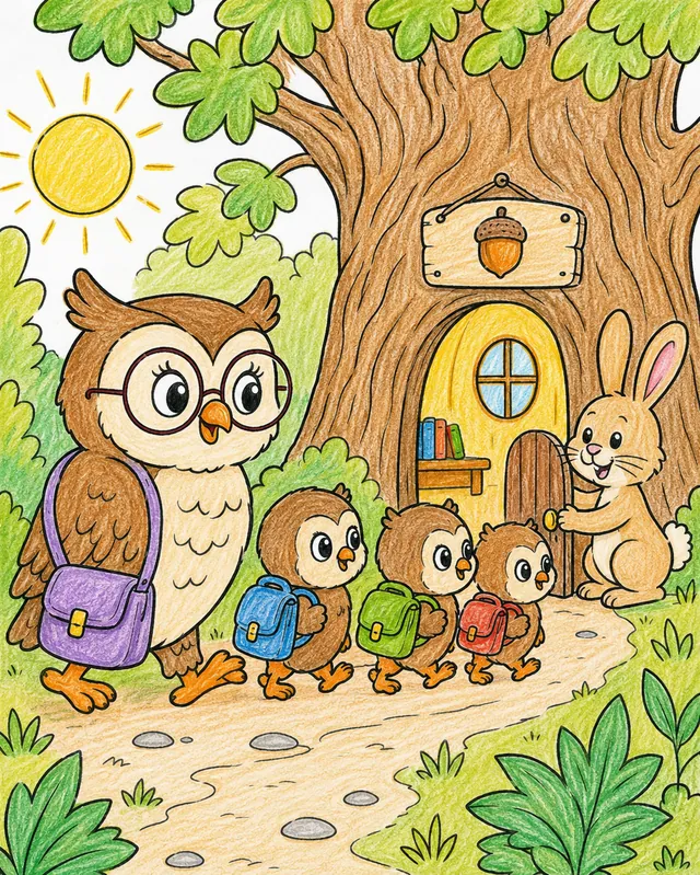 Eulenmutter mit Brille führt drei Eulenküken mit Schulranzem durch den Wald zur Schule