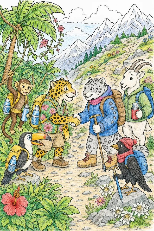 Ausmalbild: Jaguar-Wanderer mit Hängebrücke und Schneeleopard-Wanderer mit Eisaxt treffen sich herzlich auf Bergpfad