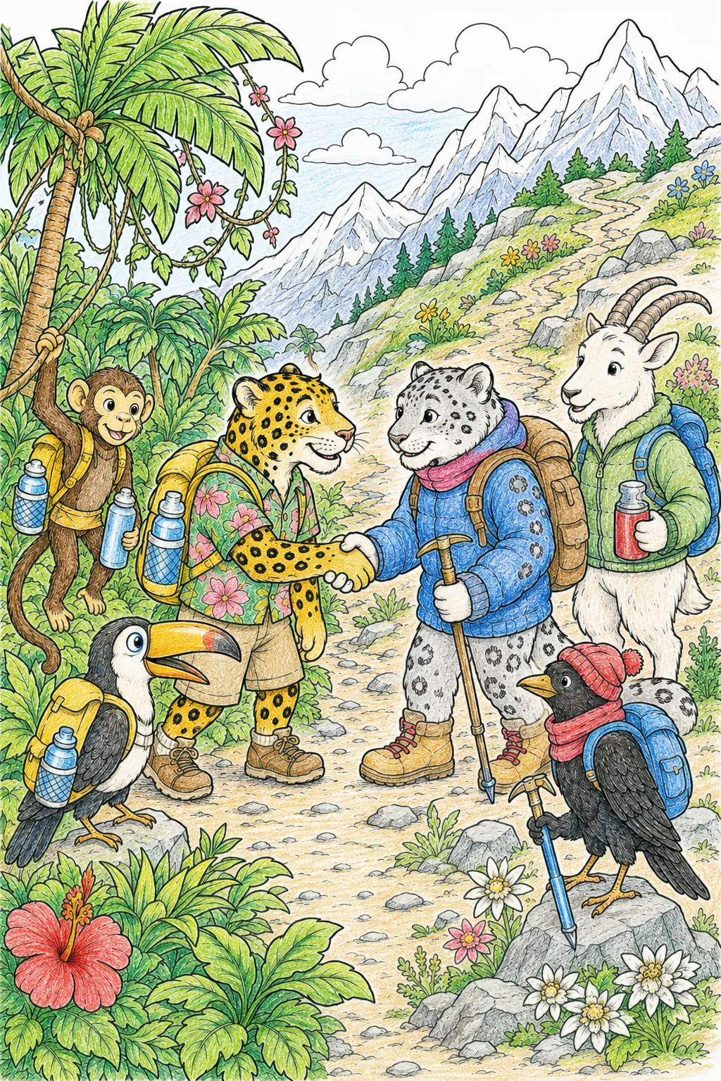 Transición jungla-montaña: excursionistas animales encontrándose