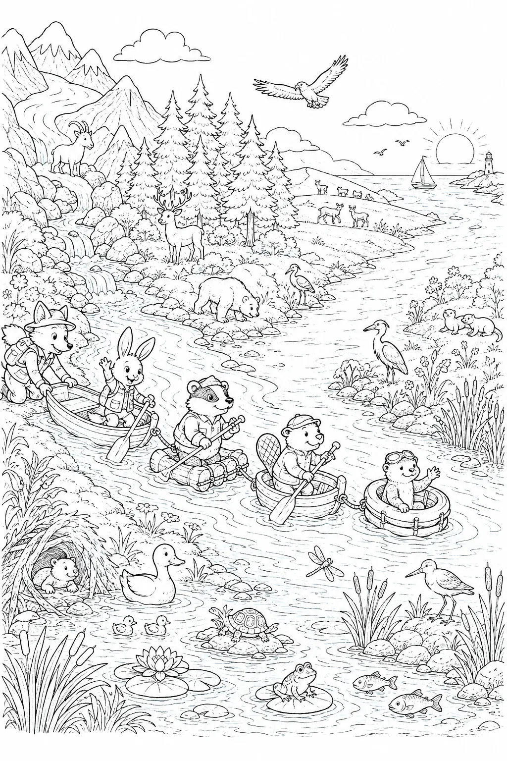 涂色页：筏子上的动物组从冰冷的山泉到海岸沿河流划桨