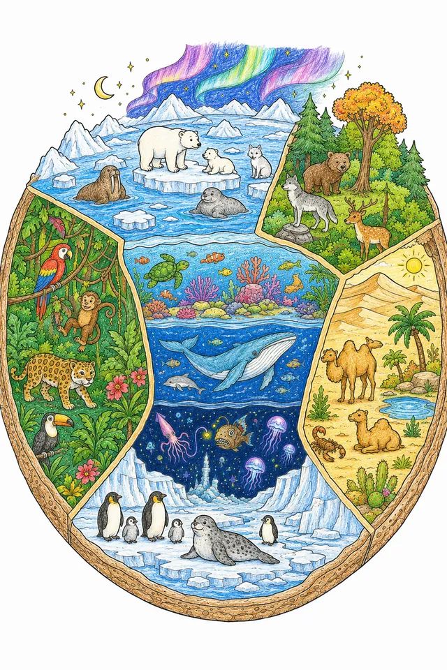 Wimmelbild涂色页：有所有气候区段的圆形地球仪半球，每个都有典型的动物和植物