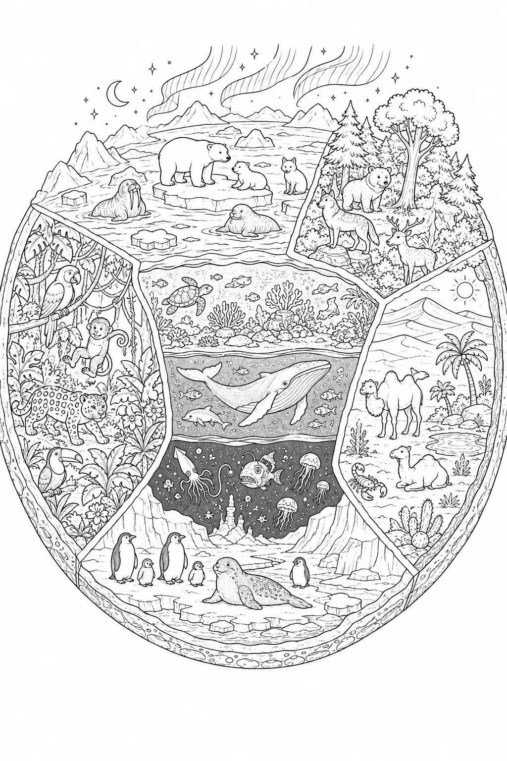 Wimmelbild-Ausmalbild: Kreisförmige Erdkugel-Hälfte mit allen Klimazone-Segmenten, je mit typischen Tieren und Pflanzen