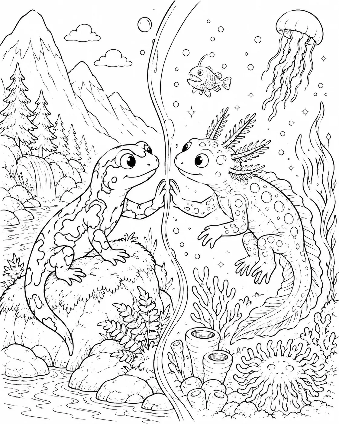Coloring page: yellow-black mountain salamander and glowing blue deep sea salamander looking at each other in wonder