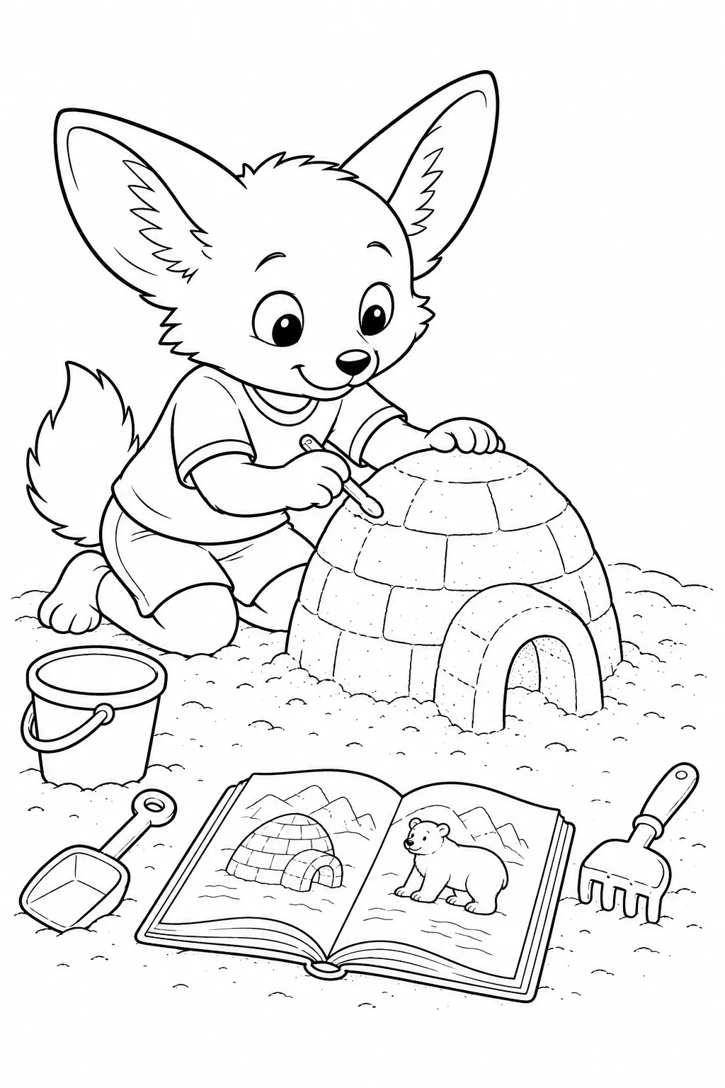 Ausmalbild: Kleines Tier-Kind kniet konzentriert vor einem halbfertigen Sand-Iglu mit Buch daneben
