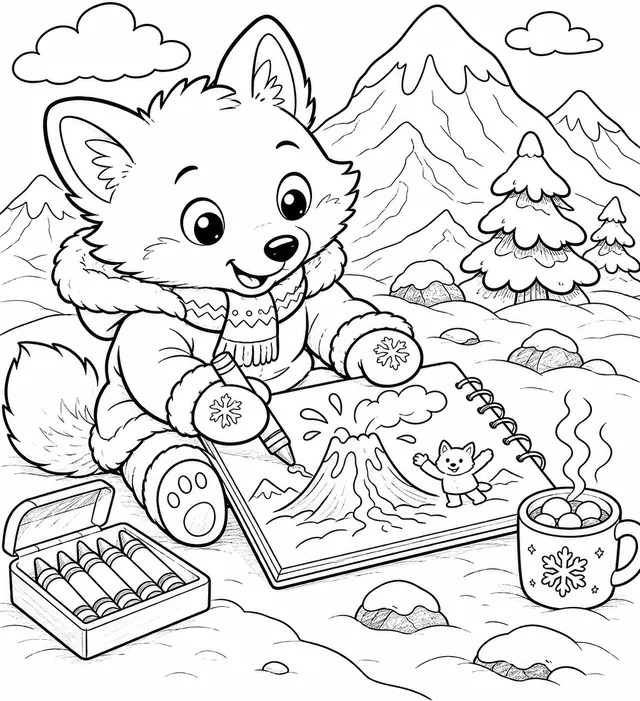 小孩子在雪山上画火山
