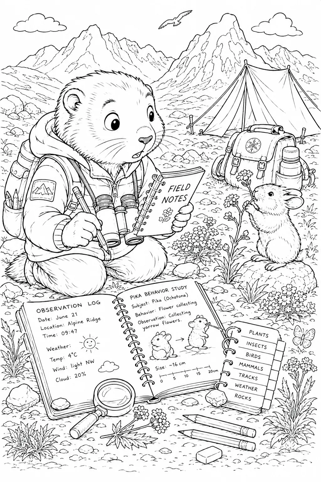 Coloring page: little animal child with binoculars and research notebook making field notes in extreme environment