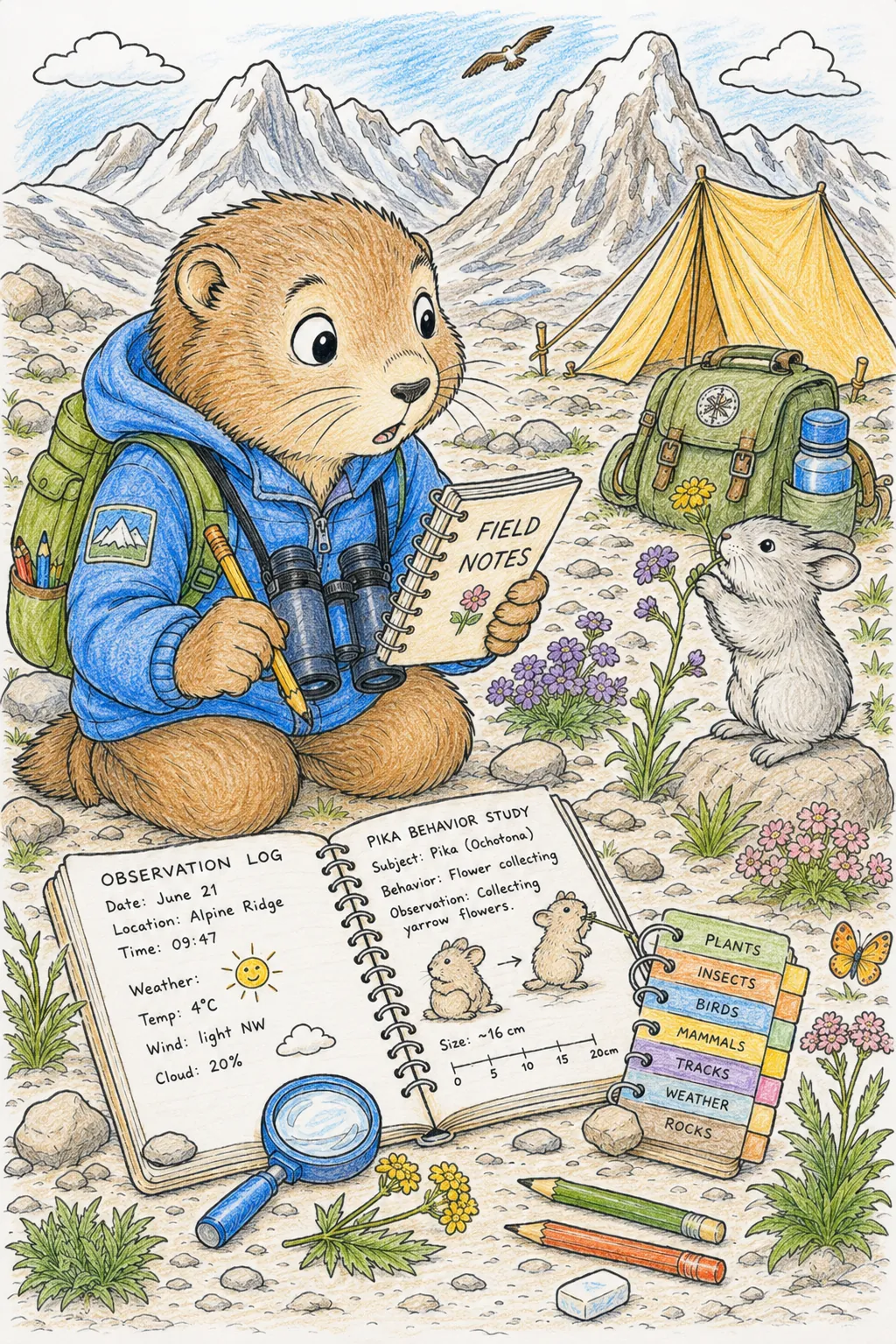Little Researcher Noting Down Animals in Extreme Climate