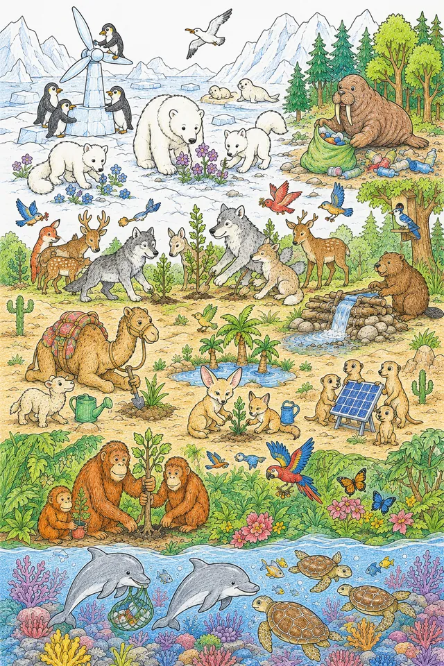 जलवायु परिवर्तन उम्मीद Wimmelbild: जानवर पौधे लगाते हैं – ऐसा दिख सकता है