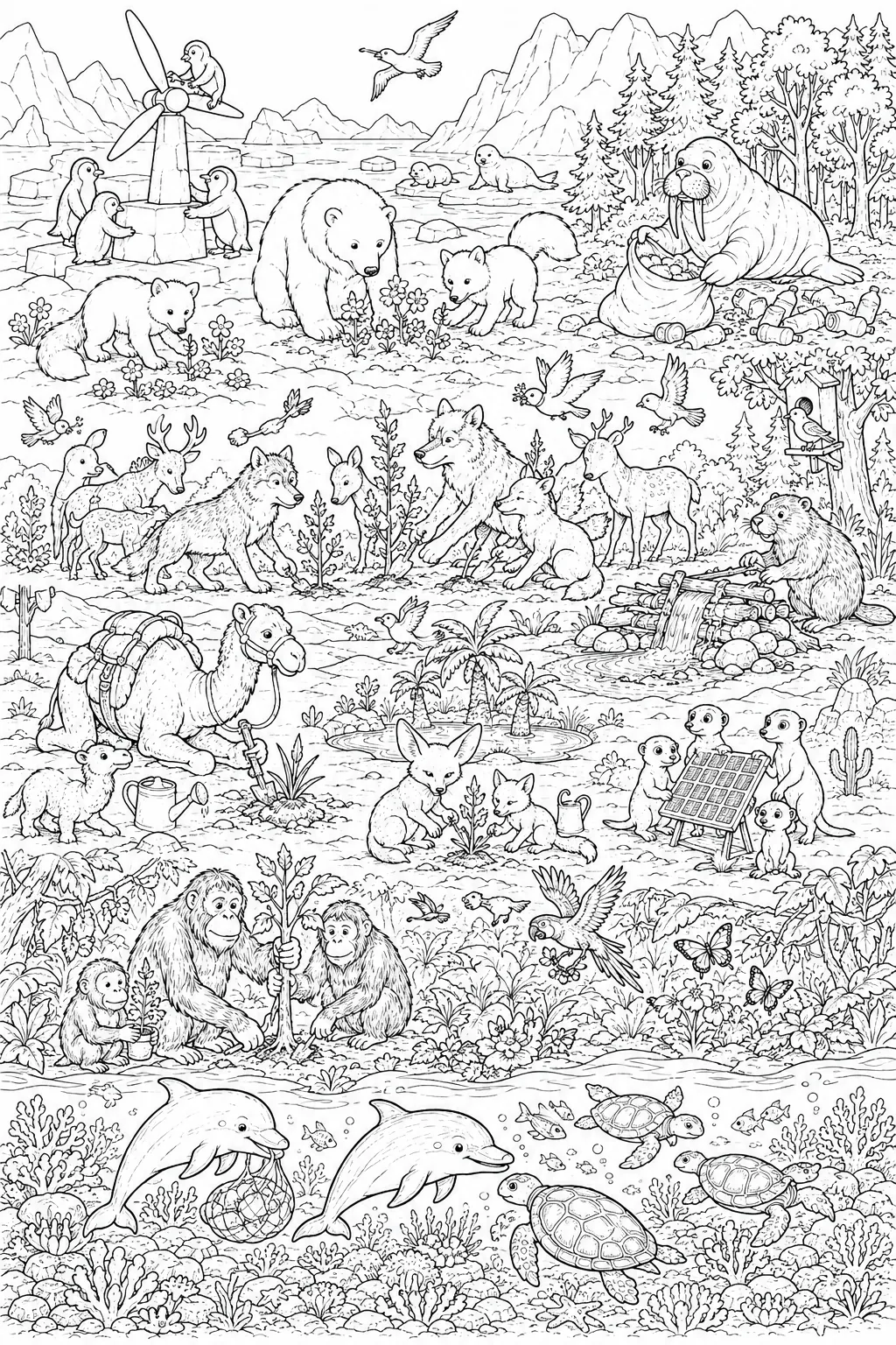 Wimmelbild रंग भरने का चित्र: सभी जलवायु क्षेत्रों के जानवर मिलकर अपने वातावरण को लगाते और बहाल करते