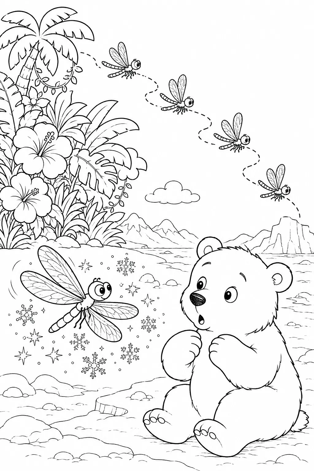 Ausmalbild: Bunte tropische Libelle schwebt vor dem staunenden Gesicht eines Polarbären