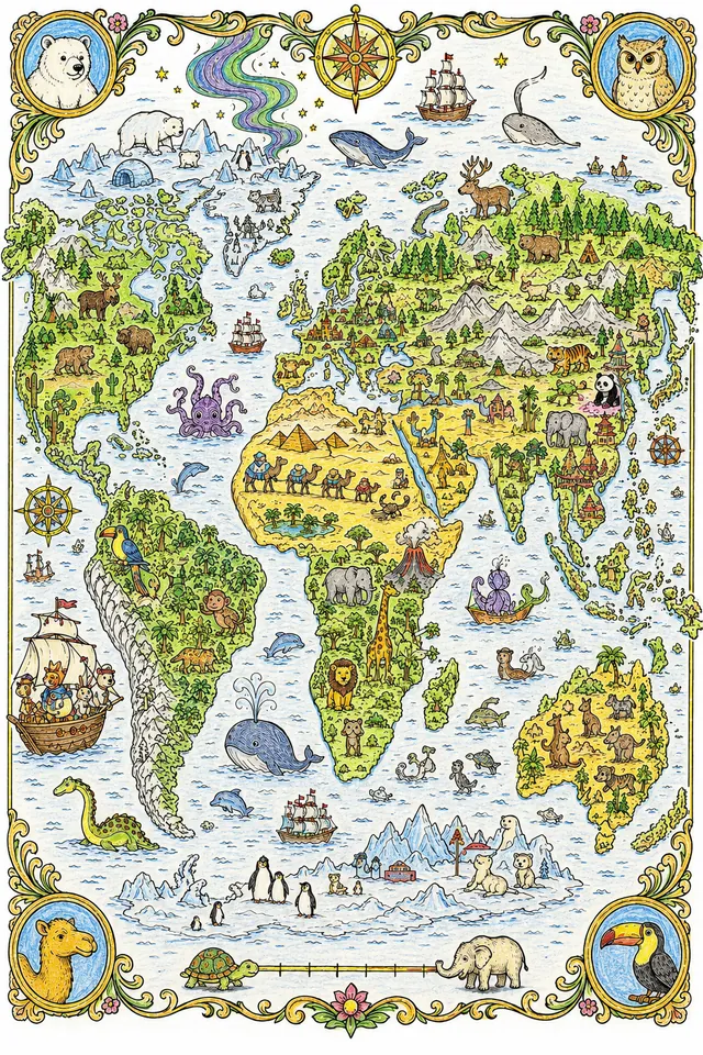 Wimmelbild涂色页：每个气候区充满微小动物和自然场景的旧世界地图