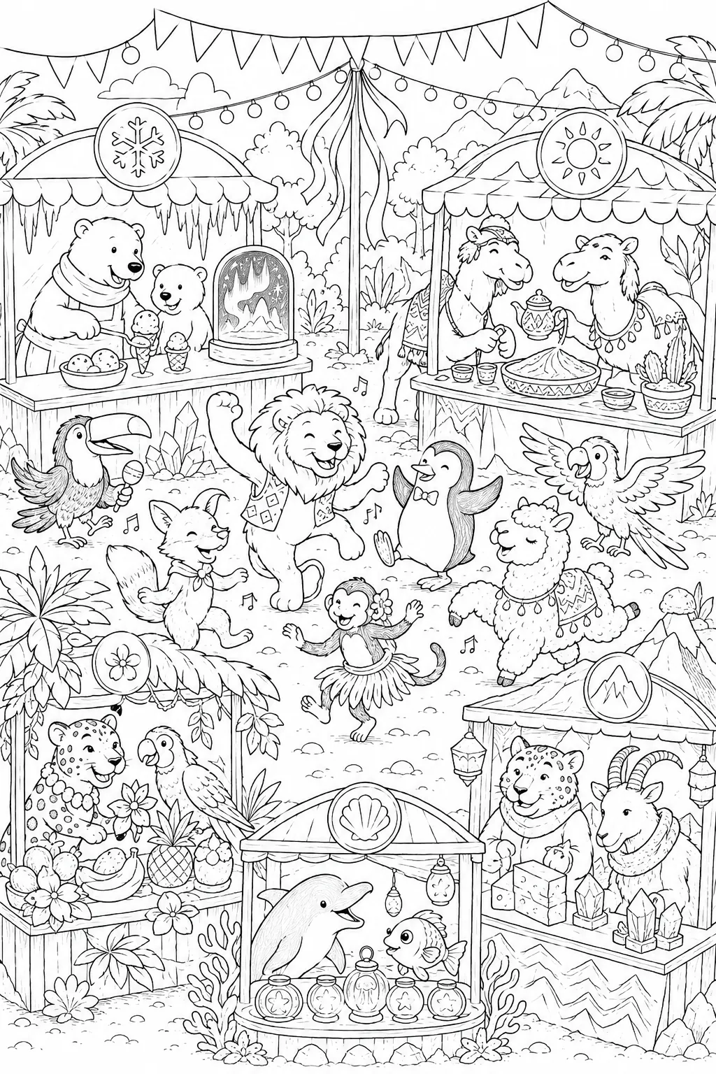 Wimmelbild coloring page: colourful festival with stalls and dancing animals from all climate zones