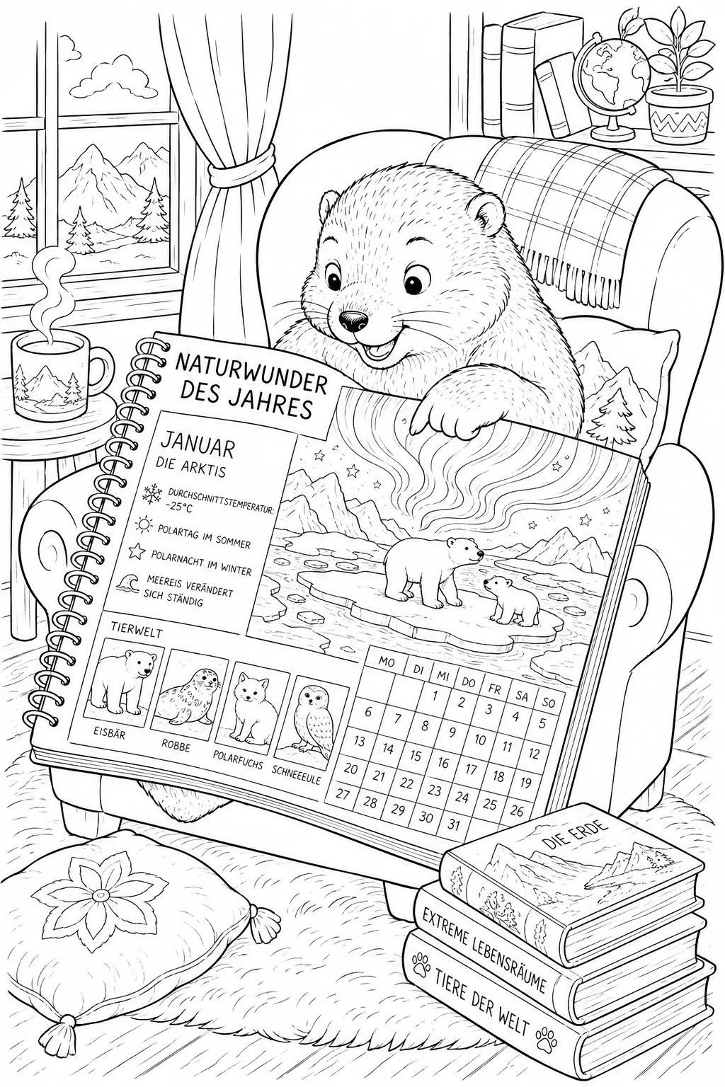 Ausmalbild: Tier-Kind im Sessel schaut staunend auf aufgeschlagenen Naturwunder-Kalender mit Arktis-Landschaft