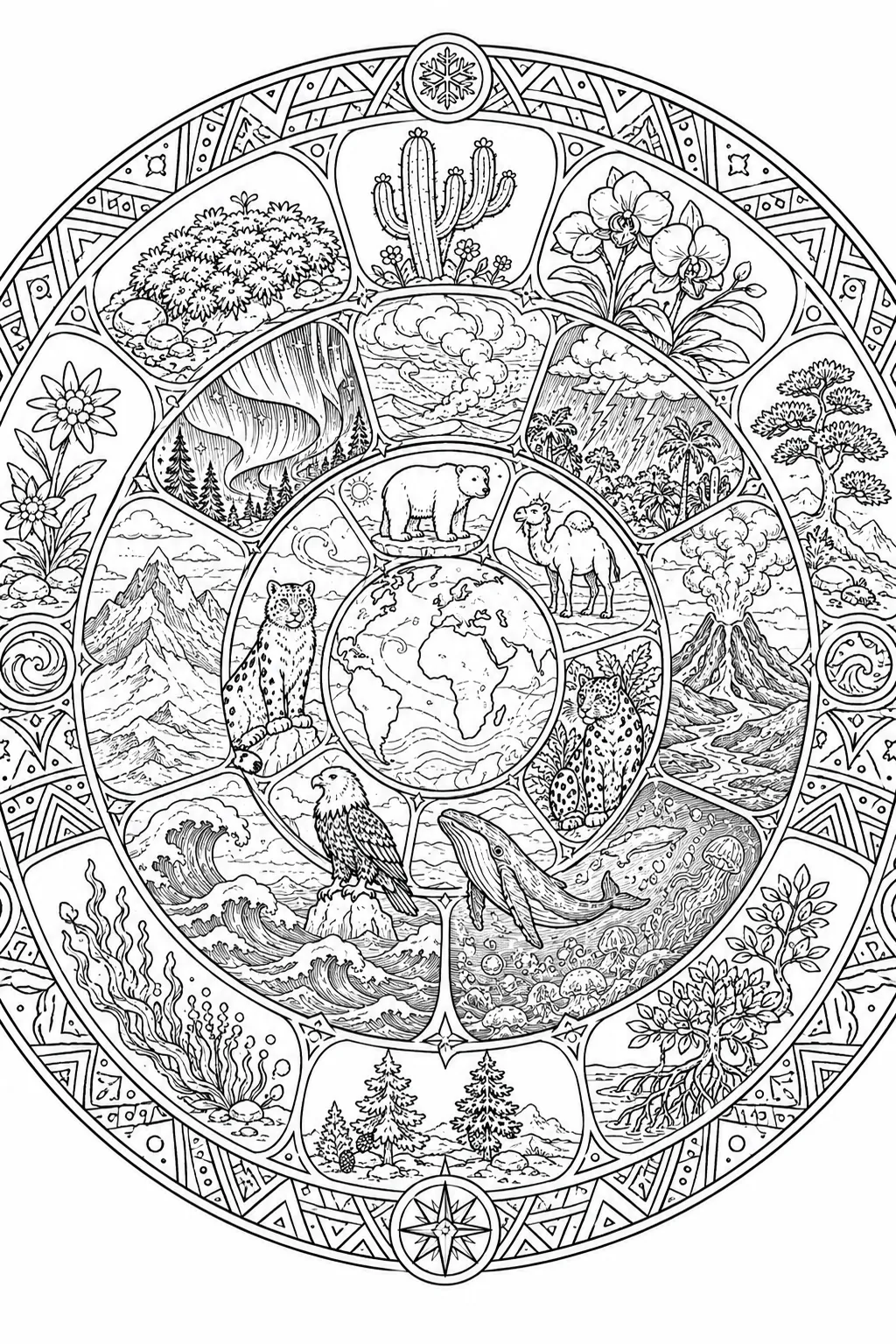 曼陀罗涂色页：围绕地球仪中心，所有气候区动物、自然奇观和植物的同心圆环