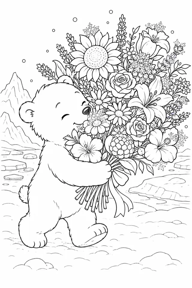 北极熊孩子携带夏日鲜花