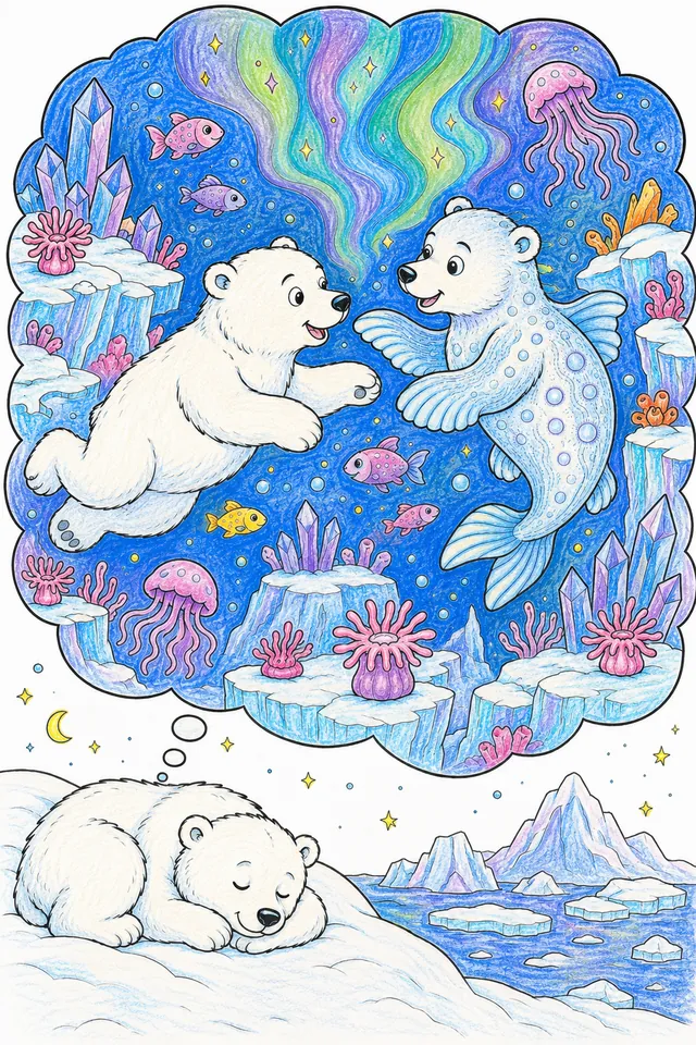 北极熊和深海熊在梦中 – 涂色效果预览