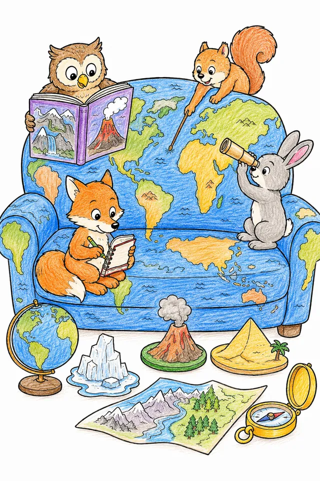 Ausmalbild: Mehrere Tier-Entdecker sitzen auf einem Sofa-Weltatlas und planen mit Karten und Büchern