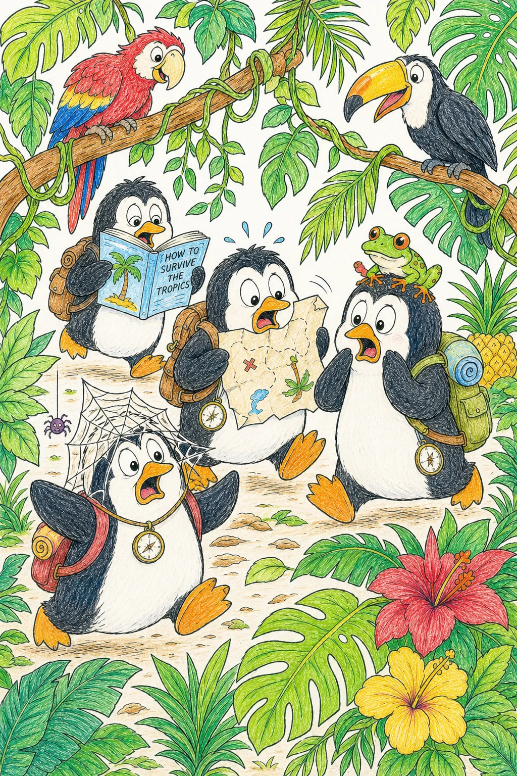 Vulkan-Pinguine fliehen durch Tropenwald